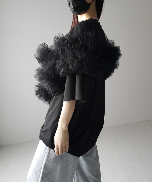 tシャツ 「 ２color 」フリルスリーブボリュームチュールドッキングトップス ／ frill sleeve voluminous tulle me+em select tシャツ 「 2color 」V字フリルボリューム