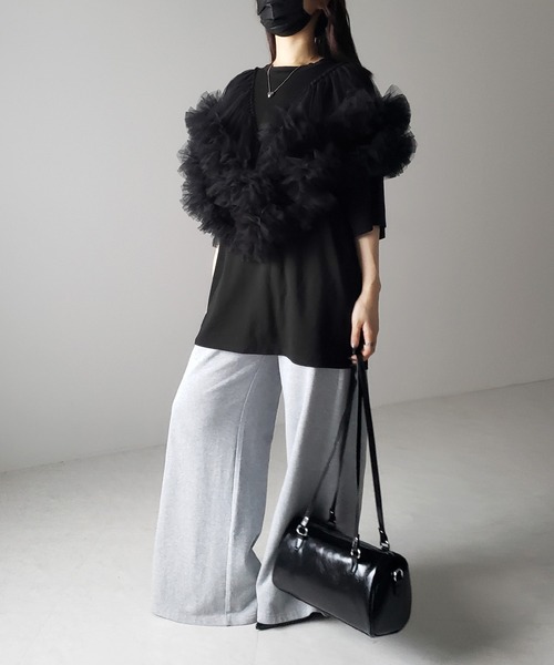 tシャツ 「 ２color 」V字フリルボリュームチュールドッキングトップス ／ V frill volume tulle docking top me+em select tシャツ 「 2color 」V字フリルボリューム