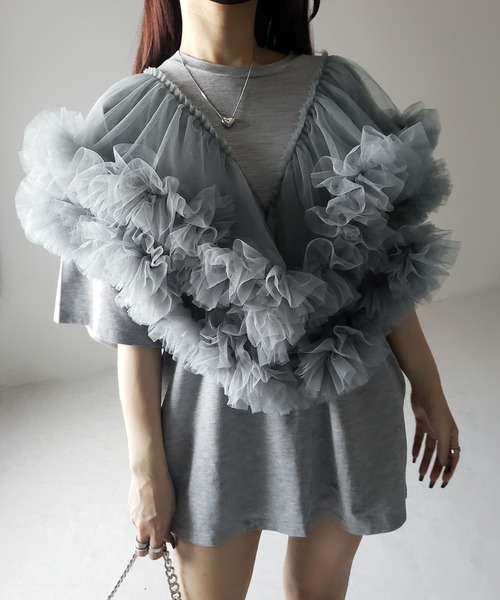 tシャツ 「 ２color 」V字フリルボリュームチュールドッキングトップス ／ V frill volume tulle docking top me+em select tシャツ 「 2color 」V字フリルボリューム