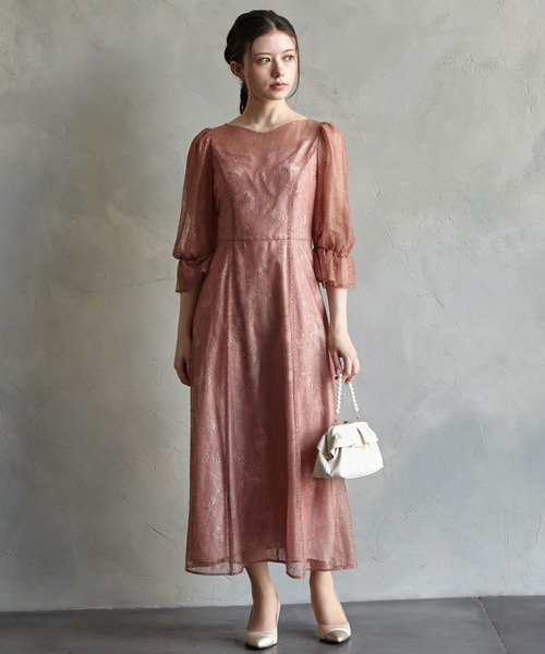 【美品】AIMER グリッター レース付き パーティードレス グリッターレース袖付きフィット&フレアパーティードレス 結婚式