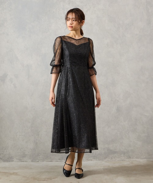 【美品】AIMER グリッター レース付き パーティードレス AIMER ドレス グリッターレース袖付きフィット＆フレア