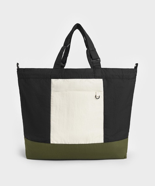 CHARLES & KEITH◆ナイロン シェブロン ボックス トートバッグ CHARLES & KEITH◇ナイロン シェブロン ボックス トートバッグ