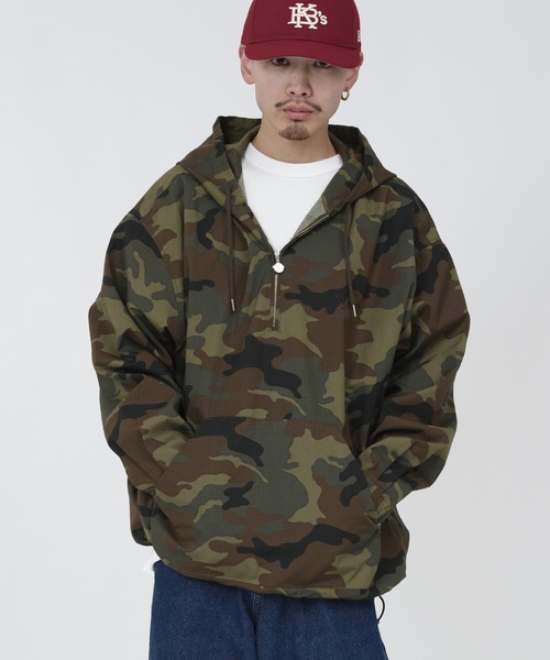 トップス keboz KEBOZ シャツ COTTON RIPSTOP HALF ZIP HOODED SHIRT メンズ