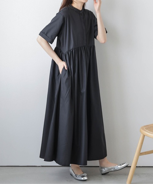 La-gemme シャツワンピース ギャザーコットン混シャツワンピース