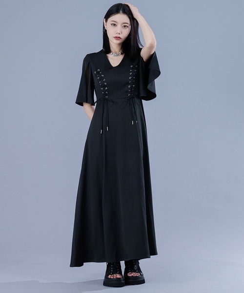 【LEONARD】レースアップネック ブラックワンピース 半袖 Ellno de Mavie（エルノデメヴィ） ワンピース 夏 半袖 レースアップ