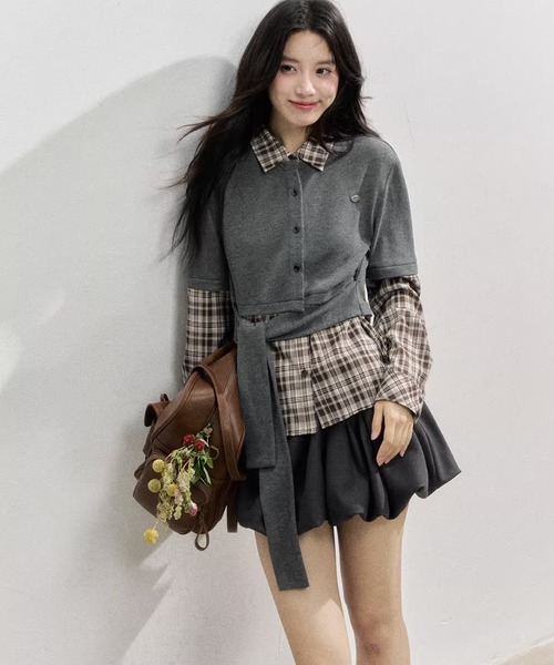 チェック柄 切り替えトップス SunsetPark チェック柄レイヤードトップス SP25f016「SunsetPark