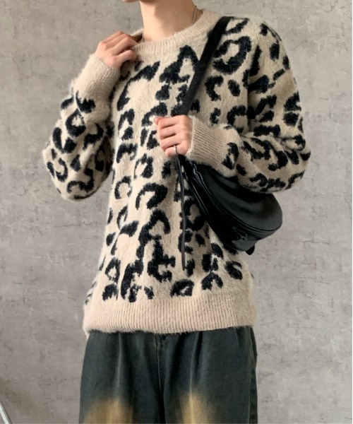 ウール混　サイズ4 レオパード柄　長袖ニット　セーター　ハイネック　秋冬　新品 link lot セーター ニット 「25年秋冬新作」モヘアタッチレオパード柄