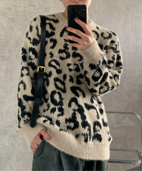 link lot セーター ニット モヘアタッチレオパード柄ビッグニット
