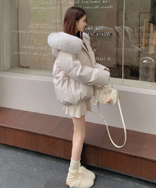 2ly2 コート アウター ふんわりフェイクファーフード付き中綿