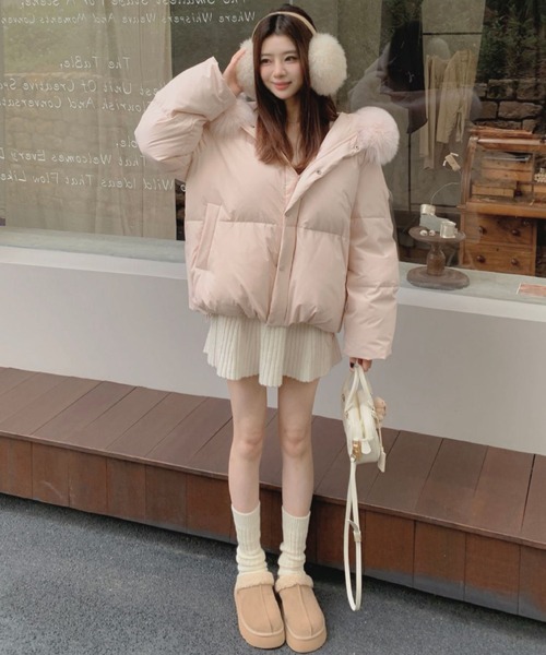 2ly2 コート アウター ふんわりフェイクファーフード付き中綿