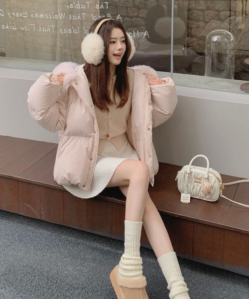 2ly2 コート アウター ふんわりフェイクファーフード付き中綿