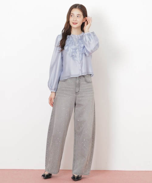 【美品】  Drawer / ドゥロワー | silk 100％ / シアー シルク フロントフリル ブラウス | 36 | ネイビー | レディース ジルバイジルスチュアート JILL by JILLSTUART フロントフリルシアー