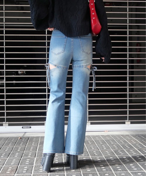 サイドリボン付き ブーツカットデニム S ブルー FUN（ファン） ジーンズ デニム デニムパンツ サイドカットリボン