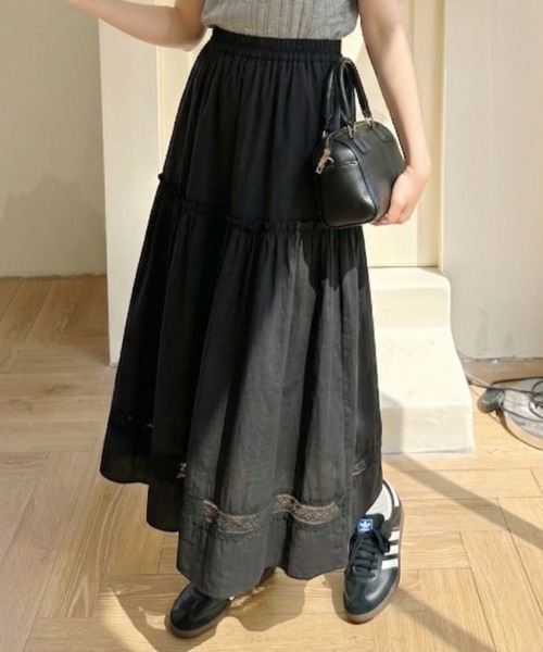 Ada. ロング スカート 裾シアー レース 切り替え デザイン ロング