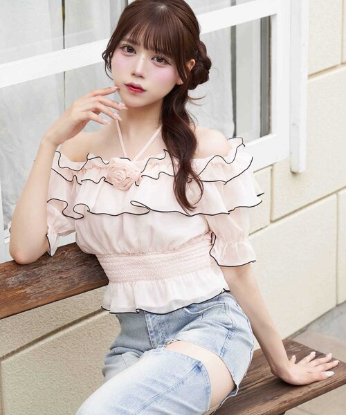 ブラウス シャツ 「Belle Charme」Rose Corsage Frill Blouse レディースの画像