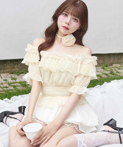 ブラウス シャツ 「Belle Charme」Rose Corsage Frill Blouse レディースの画像