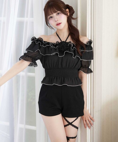ブラウス シャツ 「Belle Charme」Rose Corsage Frill Blouse レディースの画像
