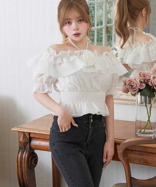 ブラウス シャツ 「Belle Charme」Rose Corsage Frill Blouse レディースの画像