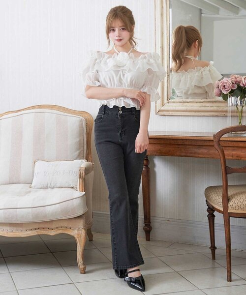 ブラウス シャツ 「Belle Charme」Rose Corsage Frill Blouse レディースの画像