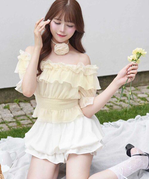 ブラウス シャツ 「Belle Charme」Rose Corsage Frill Blouse レディースの画像