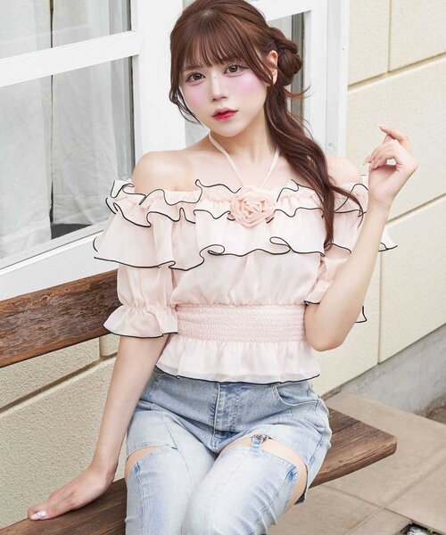 ブラウス シャツ 「Belle Charme」Rose Corsage Frill Blouse レディースの画像