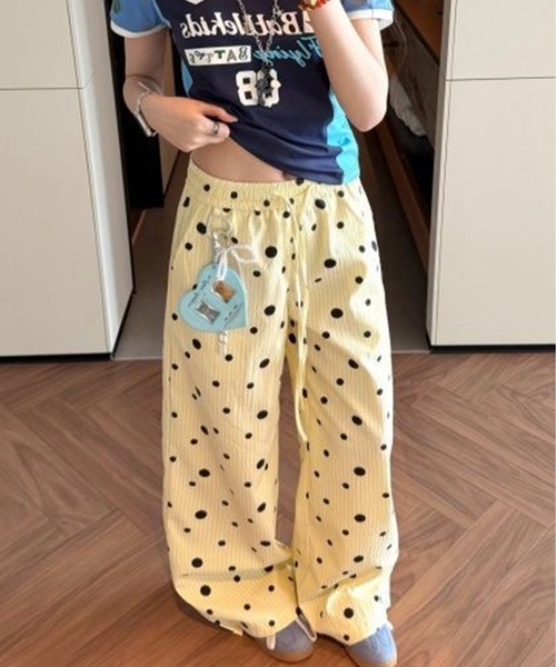 AsheKsha パンツ 水玉柄チェックのワイドレッグパンツ レディース
