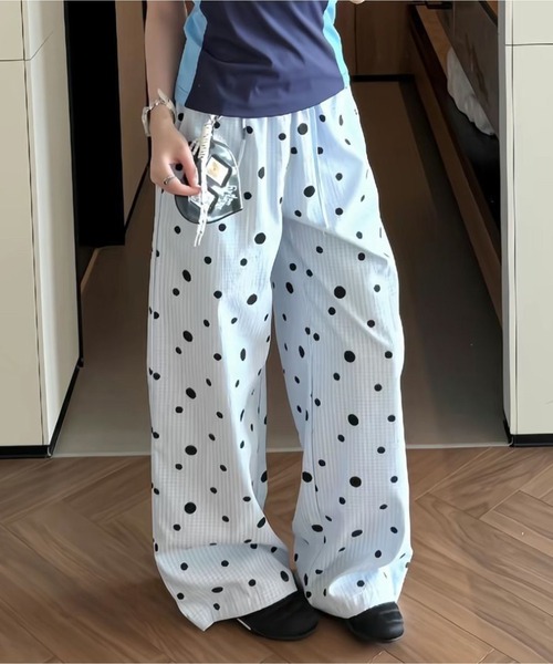 AsheKsha パンツ 水玉柄チェックのワイドレッグパンツ レディース