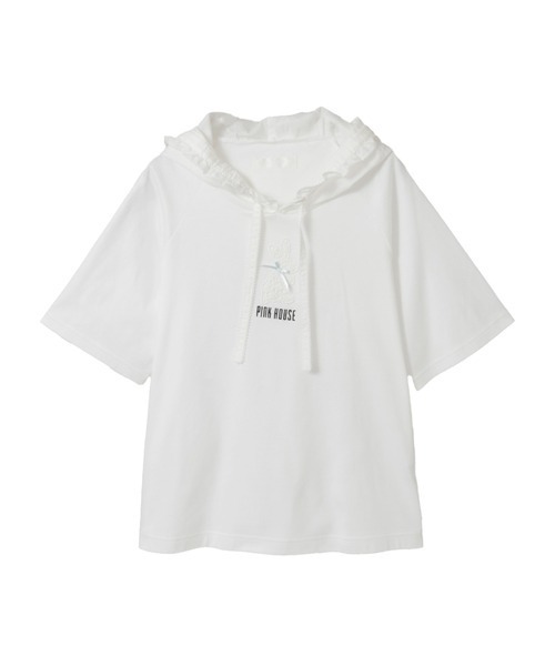 ピンクハウス　カットソー　チュール　長袖　綿　レース　ピコフリル　2025 半袖 PINK HOUSE（ピンクハウス） tシャツ 半袖 レースうさぎアップリケ付き