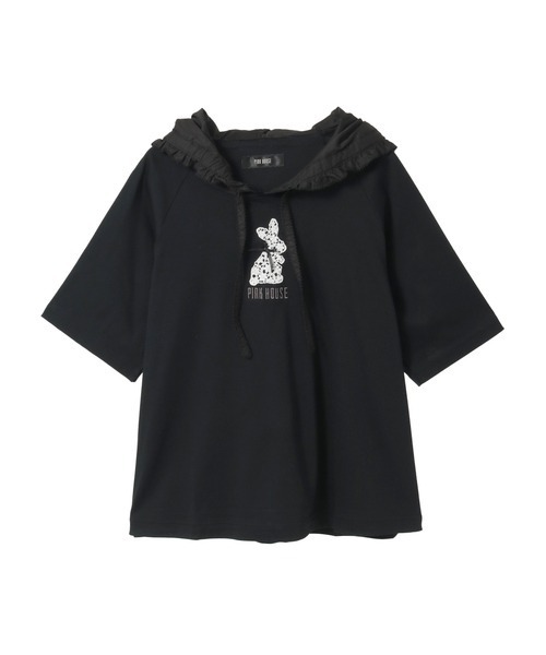 PINK HOUSE ウサギモチーフ フード付きTシャツ PINK HOUSE（ピンクハウス） tシャツ 半袖 レースうさぎアップリケ付き