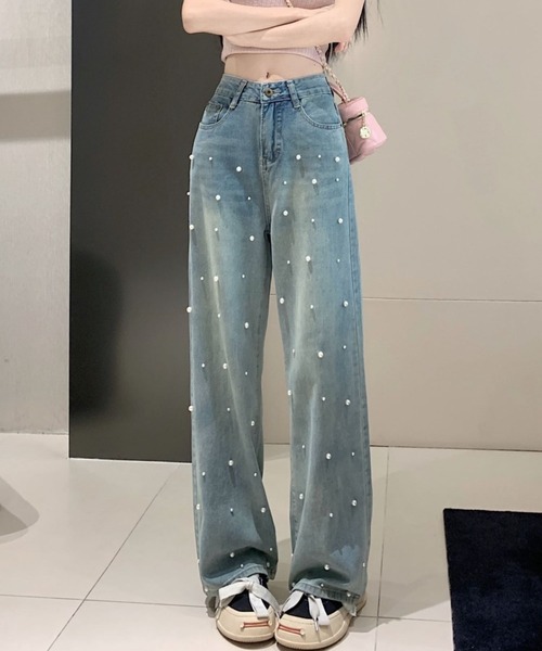 【CHANEL ★パールデザインデニム】ワイドデニムパンツ パール CHANEL(シャネル) デニム・ジーパン(レディース) - 海外
