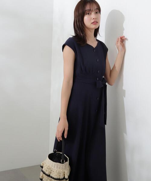 DES PRES Vネック長袖ワンピース 紺 ウエストリボン ストレッチ 36 PROPORTION BODY DRESSING ワンピース Vネックシャツワンピース