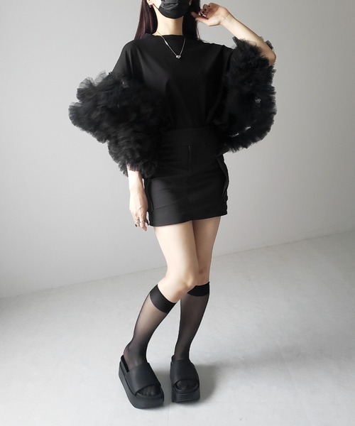 tシャツ 「 ２color 」フリルスリーブボリュームチュールドッキングトップス ／ frill sleeve voluminous tulle me+em select tシャツ 「 2color 」フリルスリーブボリューム