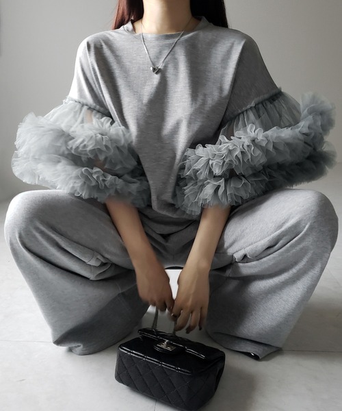 tシャツ 「 ２color 」フリルスリーブボリュームチュールドッキングトップス ／ frill sleeve voluminous tulle me+em select tシャツ 「 2color 」フリルスリーブボリューム