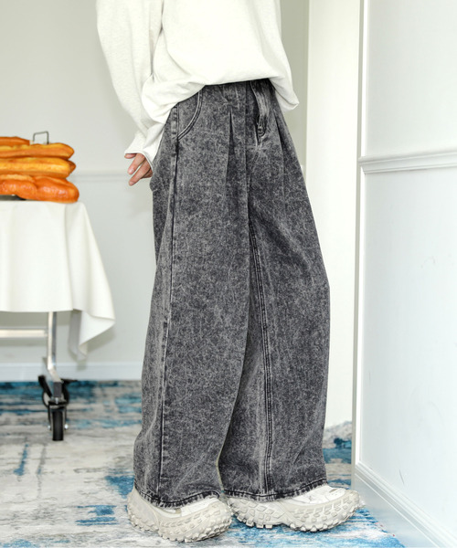 ワンウォッシュ ワイド デニム ルーズ カジュアル 韓国 cr8706 ワンフォークロージング 1111clothing ◇ケミカルウォッシュ