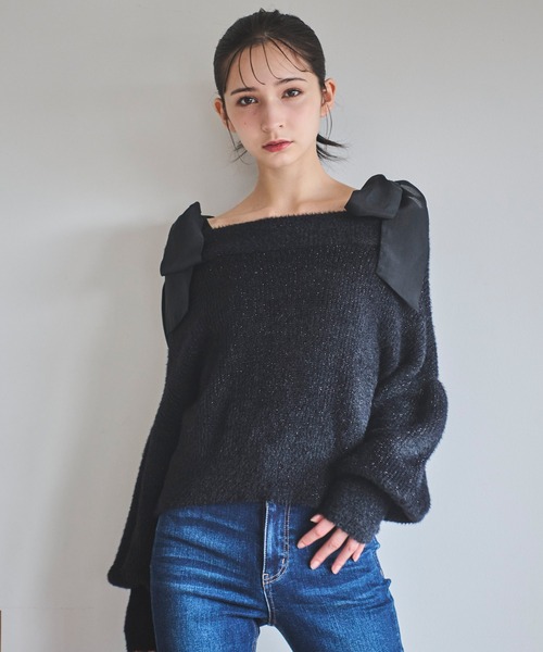 ニット セーター リボンネックニット レディース 31 Sons de mode ニット セーター WASHABLE肩リボンミニ