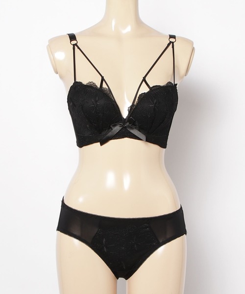   ブラック ブラジャー・ショーツセット　　XS Asterellivi ブラジャー ショーツセット レース ダブルストライプ ブラ