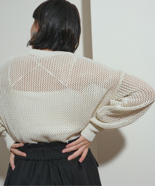 ニット セーター 前後2WAY　刺繍ロゴ入り　リネンライク糸　メッシュラメニット レディース palm RICHE ニット セーター 前後2WAY 刺繍ロゴ入り リネン