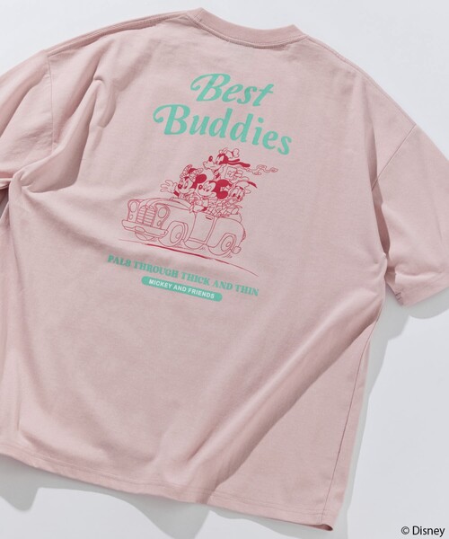 ディズニー　Tシャツ　ピンク　ピグメント　ミッキー　リンクアット　刺繍 DISNEY/ディズニー】天竺チェーン・さがら刺繍半袖クルーネック