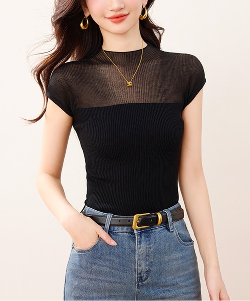 tシャツ シースルー切り替えリブニットトップス レディース