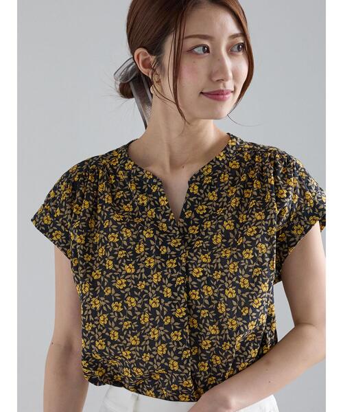 おしゃれ  ブラウス シャツ パンツ セット フラワー シフォンブラウス 花柄ブラウス ボタニカル柄 縦フリル ボウタイ