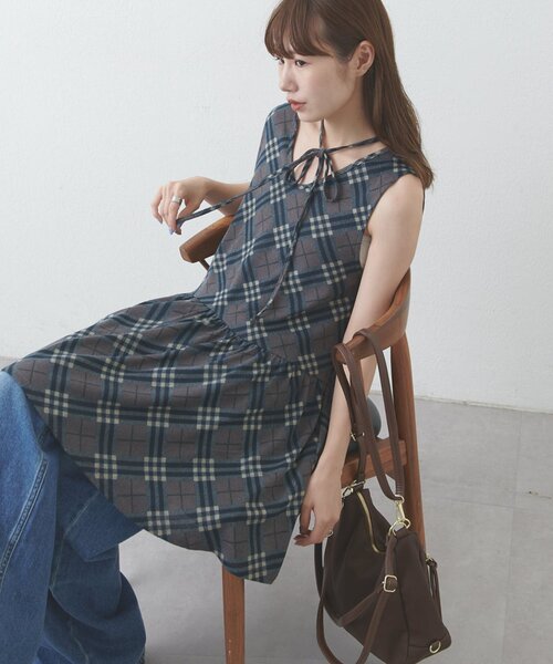 tシャツ 「umm.」チェックノースリチュニック レディース