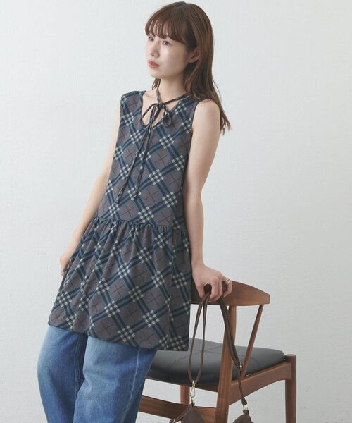 tシャツ 「umm.」チェックノースリチュニック レディース Discoat tシャツ 「umm.」チェックノースリチュニック