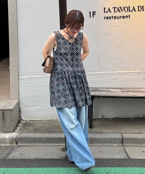 tシャツ 「umm.」チェックノースリチュニック レディース Discoat tシャツ 「umm.」チェックノースリチュニック