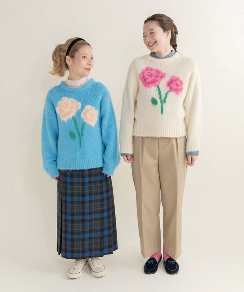 CHILD WOMAN 花モチーフ起毛インターシャプルオーバー CHILD WOMAN（チャイルドウーマン） ニット セーター 花モチーフ起毛