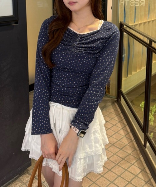 花柄レース ドット柄 長袖 トップス continuer de NICE CLAUP tシャツ ガーリーな雰囲気を引き立てる、花柄