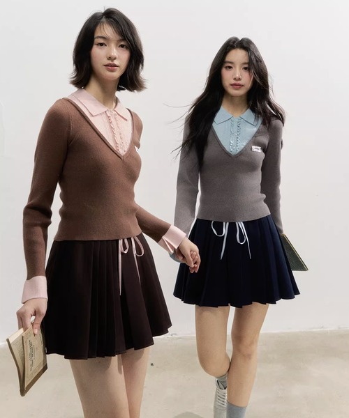 PATOU★ニットレイヤードトップス S新品！ ニット セーター フェイクツーピース レイヤード風 ポロニットトップス