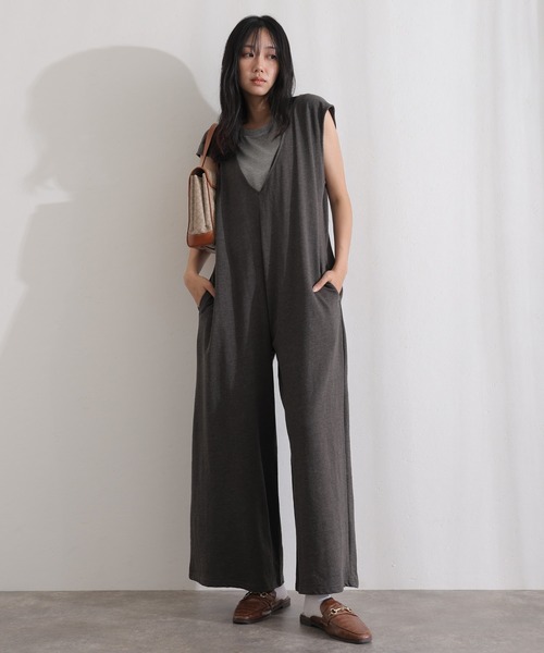 裏毛ジャンプスーツ ElegChic オールインワン ミニ裏毛ディープVネックコットンジャンプ