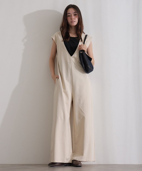 ElegChic オールインワン ミニ裏毛ディープVネックコットンジャンプ