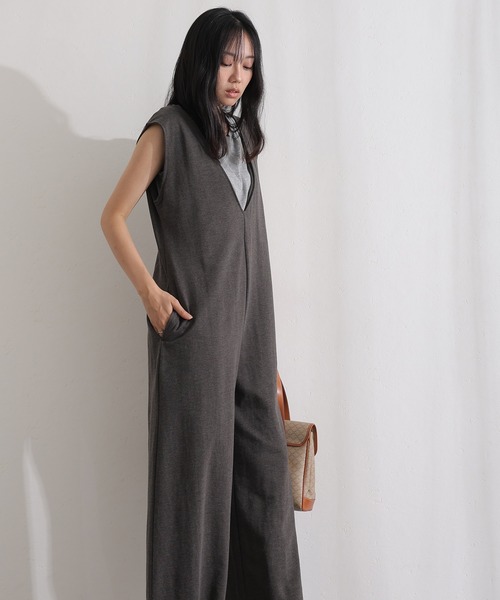 ElegChic オールインワン ミニ裏毛ディープVネックコットンジャンプ
