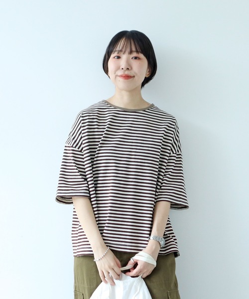 PAR ICI（パーリッシィ） tシャツ ボーダー配色バインダー 5分袖BIG T
